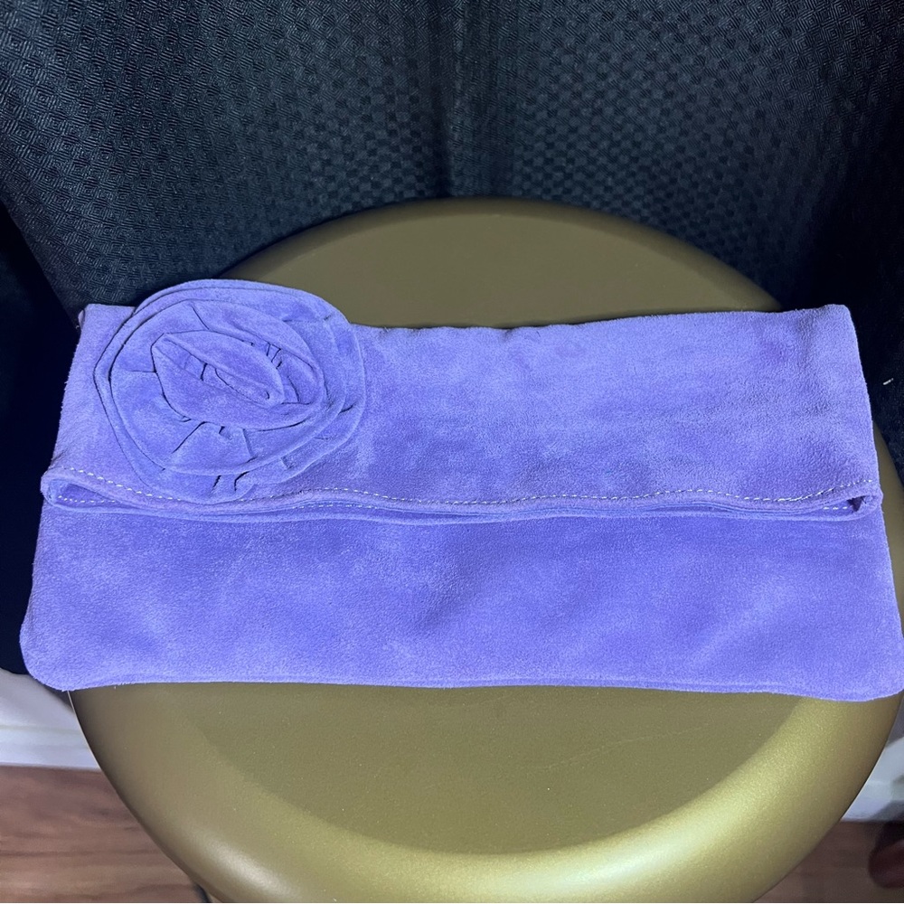 NWOT Lavender Suede Leather Clutch with Floral Accent | Italy - Picture 5 of 16
